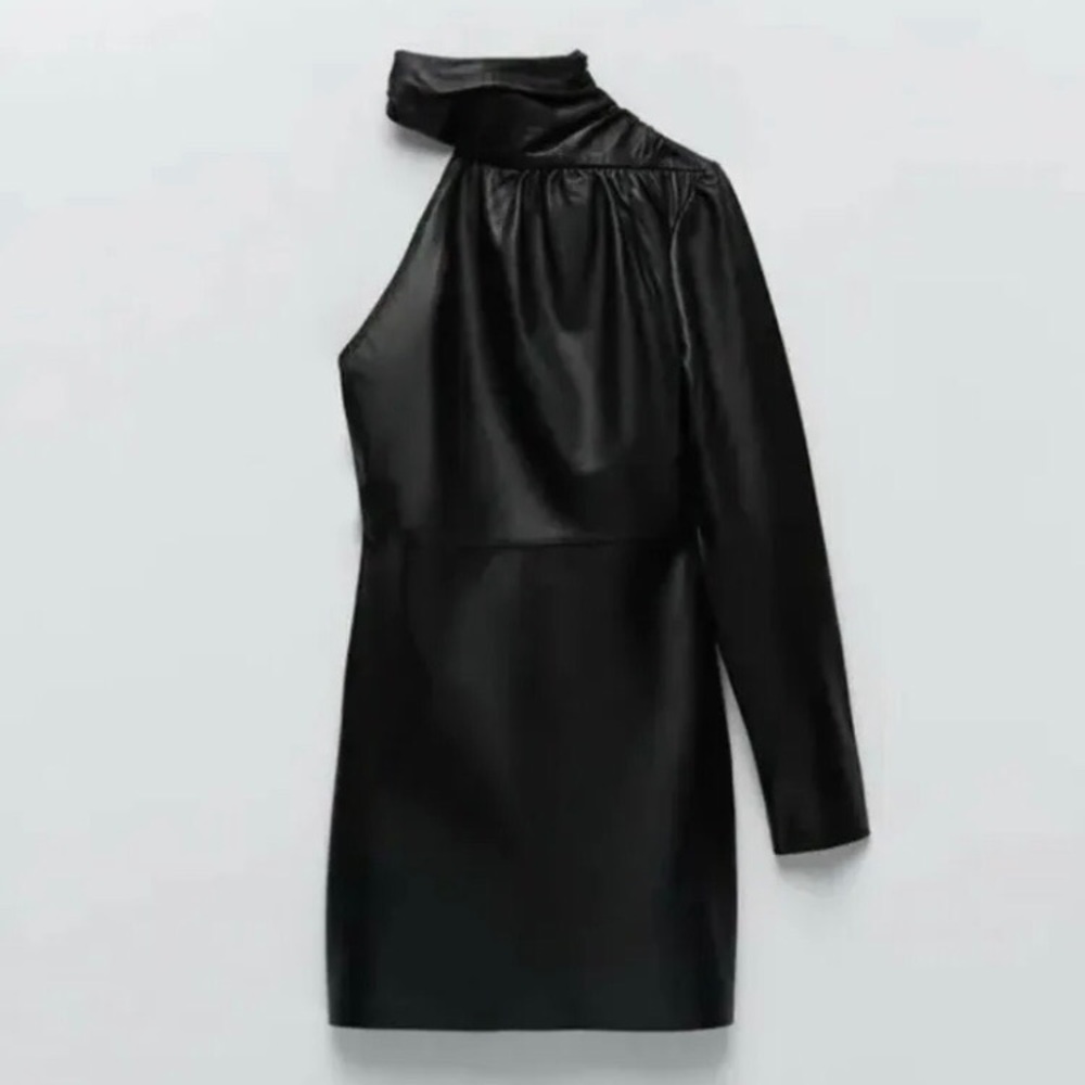 Zara✨Sheep Leather Asymmetric One Shoulder Mini Dress